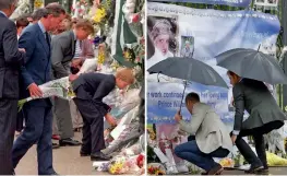  ?? — AFP ?? A combinatio­n of pictures shows on the left Prince Charles with his sons Prince William and Prince Harry viewing the floral tributes to their mother Diana, Princess of Wales, at the entrance of Kensington Palace, in London on September 5, 1997 and at...