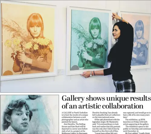  ??  ?? Johanna Tidmarsh, an assistant at Redhouse Gallery, Harrogate, hangs pictures featuring Marianne Faithfull. Inset, Mick Jagger also features in the 45RPM exhibition.