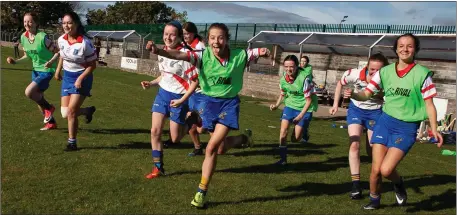  ??  ?? Aughrim/Annacurra subs race on to the field after the final whistle.