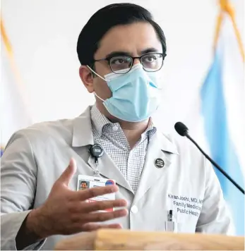  ?? PAT NABONG/SUN-TIMES ?? Dr. Kiran Joshi, a co-lead at Cook County Health, at a press conference in July.