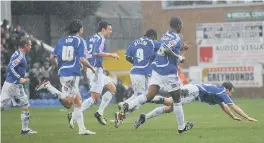  ??  ?? Charlie Lee celebrates a big goal for Posh against Leicester in 2009.