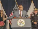  ?? ELIZABETH RYMUT/SUN-TIMES ?? Attorney General Kwame Raoul says Wednesday, “We are not only after the person who pulls the trigger, but the person who gets [them] the gun.”