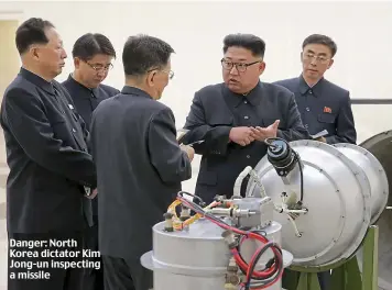  ??  ?? Danger: North Korea dictator Kim Jong-un inspecting a missile