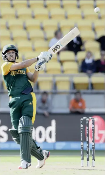  ?? Picture: ANTHONY PHELPS, REUTERS ?? MAXIMUM EFFECT: Farhaan Behardien hits a six against the United Arab Emirates in Wellington yesterday.