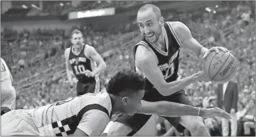  ?? File, Eric Christian Smith / The Associated Press ?? San Antonio Spurs guard Manu Ginobili (right) grabs a loose ball from Houston Rockets center Clint Capela during the first half in Game 6 of an NBA basketball second-round playoff series in Houston.