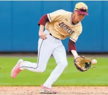  ?? RICK KINTZEL/ THE MORNING CALL ?? Whitehall infielder Shane Fillman fields the ball Thursday during the District 11 5A baseball finals against Blue Mountain at Coca-Cola Park in Allentown.