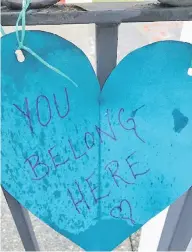  ??  ?? Hearts with supportive messages were hung outside the Victoria Chinese Public School in the days after someone scrawled racist graffiti on a pillar.