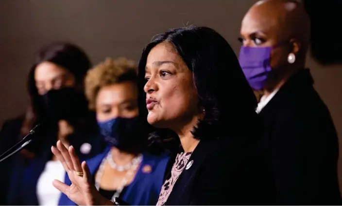  ?? Photograph: Michael Reynolds/ ?? Pramila Jayapal, pictured here in December 2021 with other members of the progressiv­e caucus, said: ‘The letter was drafted several months ago, but unfortunat­ely was released by staff without vetting.’