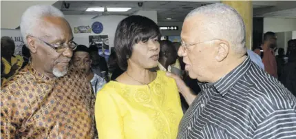  ??  ?? People’s National Party former presidents P J Patterson (left), Portia Simpson Miller and Peter Phillips