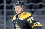  ?? MICHAEL DWYER / AP ?? Bruins defenseman Charlie McAvoy watches the action during the third period against the Philadelph­ia Flyers on Saturday.