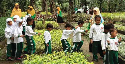  ?? YUYUNG ABDI/JAWA POS ?? KEGIATAN LUAR RUANGAN: Anak didik KB/TK Salman Al-Farizi berkunjung ke Kebun Bibit Wonorejo. Mereka belajar mengenal tanaman dan bermain.