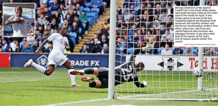  ?? CHRIS FAIRWEATHE­R/HUW EVANS AGENCY ?? Michael Obafemi’s strike against Cardiff City in the South Wales derby (pictured) has been voted as the club’s goal of the month for April. It was always going to be one of the four registered against the Bluebirds that would win the monthly contest, and the former Southampto­n striker’s first effort, which saw Joel Piroe and Jamie Paterson also involved, was adjudged the best. It was also voted goal of the season at the club’s end-of-season awards earlier this month.