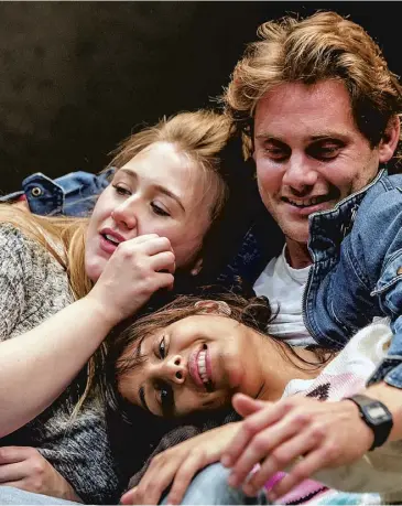  ??  ?? James Atherton as Bob, with Taj Atwal as Rita and Gemma Dobson as Sue in the touring production of Rita, Sue and Bob Too, which comes to the Citizens’ next week