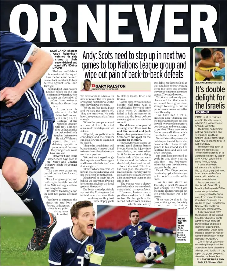  ??  ?? WE’RE NOT ON THE SLIDE Andy Robertson is still backing Scotland to qualify