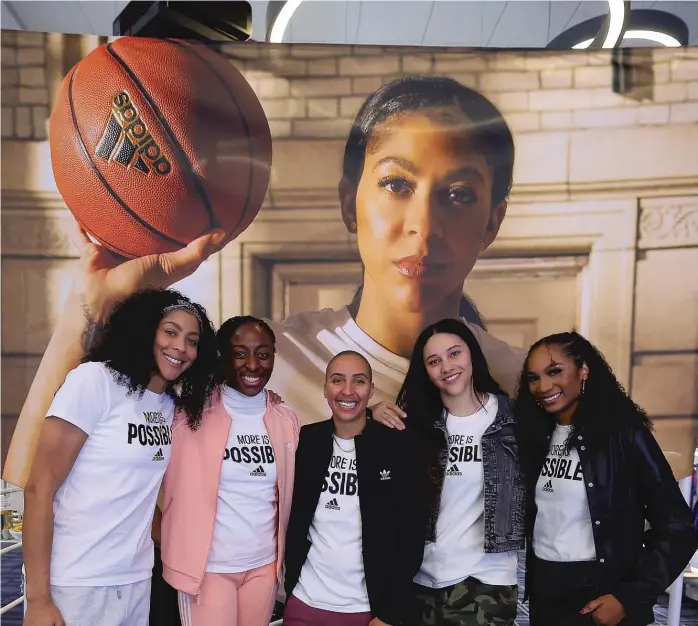  ?? ADAM BETTCHER/GETTY IMAGES ?? Parker — with Nneka Ogwumike (from left), Layshia Clarendon, Natalie Achonwa and Arielle Chambers at a WNBA Adidas event — has several business interests off the court.