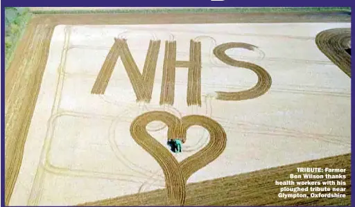  ??  ?? TRIBUTE: Farmer Ben Wilson thanks health workers with his ploughed tribute near Glympton, Oxfordshir­e