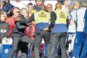  ?? REUTERS ?? Jose Mourinho gets into scuffle during the game vs Chelsea.