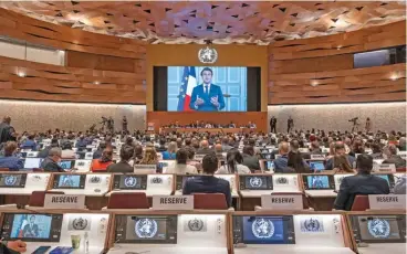  ?? (aFP) ?? French President Emmanuel Macron delivers a virtual speech during the opening day of 75th World Health Assembly of the WHO in Geneva on Sunday