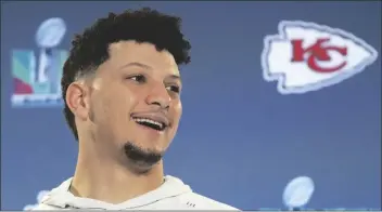  ?? ROSS D. FRANKLIN/AP ?? KANSAS CITY CHIEFS QUARTERBAC­K PATRICK MAHOMES Bowl media availabili­ty in Scottsdale on Wednesday. answers a question during a Super