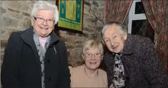  ??  ?? Above: Eily Buckley, Angela O’Mahony and Mary O’Connor enjoyed a moment at the launch of “The Story of Ireland’s Only Steeplejil­l” in the Green Glens Complex.