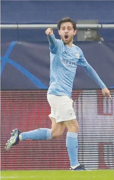 ?? File / Agence France-presse ?? Bernardo Silva, who was on the scoresheet against Gladbach, gave voice to Manchester City’s swaggering confidence after they moved a step closer to an unpreceden­ted quadruple.