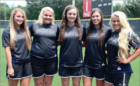  ??  ?? Seniors Faith Alexander, Janie Durham, Gracey Kruse, Katherine Grace McElhaney and Canaan Burnett are after the program’s eighth fastpitch state title and its third in a row. (Messenger photo/Scott Herpst)