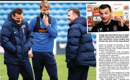  ??  ?? Tough gig: McCulloch was in high spirits yesterday with Kristoffer Ajer and Peter Leven (main), but knows the size of the task ahead