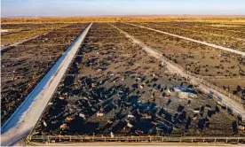  ??  ?? A cattle feedlot in Colorado: 42% of human-caused methane emissions come from agricultur­e, including burping livestock and manure. Photograph: Jim West/Alamy