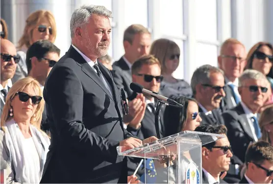  ?? Picture: Getty Images, ?? European captain Darren Clarke addresses the crowd during the opening ceremony at Hazeltine yesterday.