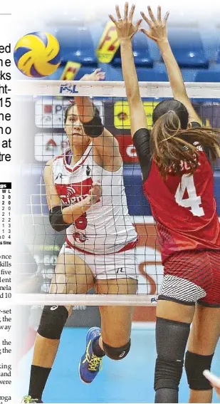  ??  ?? Cignal’s Jovelyn Gonzaga hammers through versus PLDT’s Jasmine Nabor.