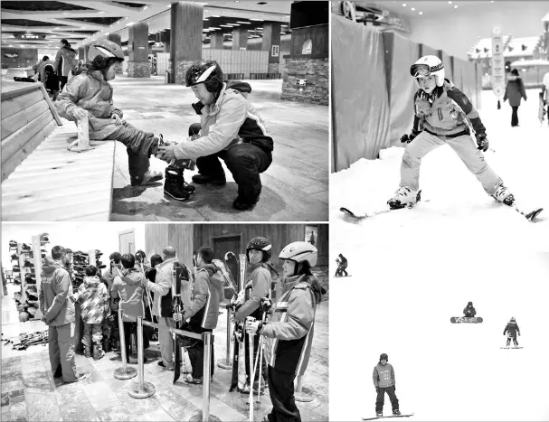  ??  ?? (Clockwise from top left) A man helps a girl to wear ski boots at the Wanda Harbin Ice and Snow Park in Harbin. • A boy skis. • People snowboard. • People queue to return ski equipment. — AFP photos by Nicolas Asfouri