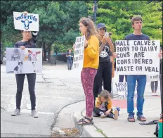  ?? E. JASON WAMBSGANS/CHICAGO TRIBUNE ?? Animal rights activists protest against Fairlife and Fair Oaks Farms, who are accused of abusing calves, outside Fairlife headquarte­rs in the West Loop on June 17.