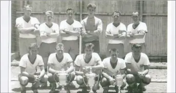  ??  ?? One club man...” Steini” (2nd from left - front row) with his beloved Atlantis FC, national league champions, winners of the Hansa Cup and St George’s Pokal in 1965. Standing from left: Wolfgang von Hundelshau­sen, Jurgen “Barber” Lorenzen, Chinkie Halgren, Chris Reichert, Willi Probst, Billy van Rensburg. Front row from left: Norman Field, Dieter “Steini” Steinmetz, Hermann Claussen (capt), Hans Lohmeir, Harald Dennewill.