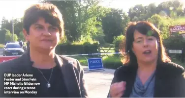  ??  ?? DUP leader Arlene Foster and Sinn Fein MP Michelle Gildernew react during a tense interview on Monday