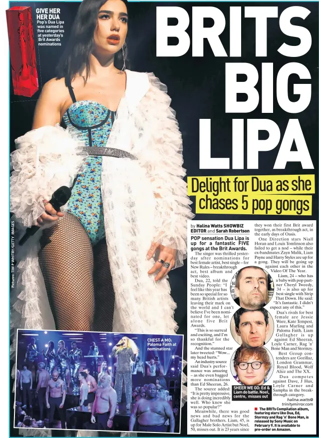  ??  ?? GIVE HER HER DUA Pop’s Dua Lipa was named in five categories at yesterday’s Brit Awards nomination­s CHEST A MO: Paloma Faith at nomination­s SHEER WE GO: Ed & Liam do battle. Noel, centre, misses out