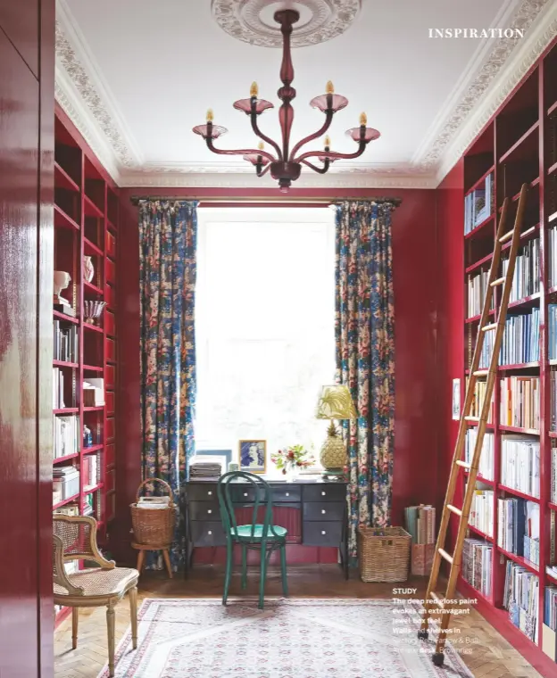  ??  ?? STUDY
The deep red gloss paint evokes an extravagan­t jewel-box feel.
Walls and shelves in
Rectory Red, Farrow & Ball. Antique desk, Brownrigg