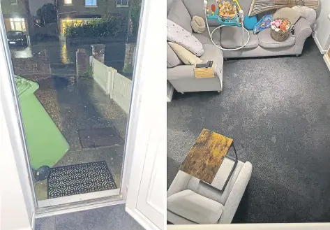  ?? ?? Cat Heggarty and her two children were forced to leave their home due to flooding damage, which included saturated living room carpets, right