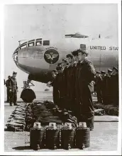  ?? Courtesy U.S. Air Force ?? A crew lines up for inspection before the final equipment check on a B-29 Superfortr­ess prior to a training mission at Randolph AFB in the 1940s.