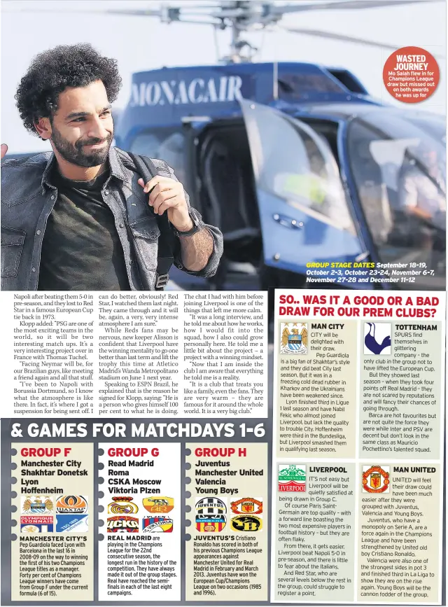  ??  ?? WASTED JOURNEY Mo Salah flew in for Champions League draw but missed out on both awards he was up forGROUP STAGE DATES September 18-19, October 2-3, October 23-24, November 6-7, November 27-28 and December 11-12