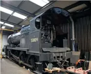  ?? THOMAS BRIGHT/SR ?? 53809: Photograph­ed in the works at Weybourne on the North Norfolk Railway on February 28, the SDJR ‘7F’ 2-8-0 is receiving new valve and piston heads, and a cylinder re-bore.