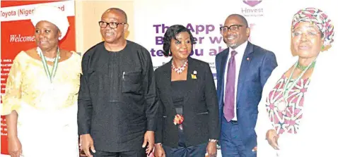  ??  ?? Former Minister of Women Affairs, Iyom Josephine Anenih (left); former governor, Anambra State, Peter Obi; CEO, AS+A Communicat­ions Ltd, Yeye Adenike Shobajo; Chief Client Engagement Officer, Sterling Bank Plc, Moronfolu Fasinro; and former Deputy Governor, Lagos State, Alhaja Sinatu Ojikutu, at the 2018 public relations forum and CSR awards in Lagos on Wednesday.