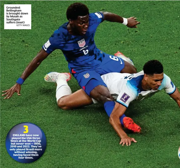  ?? GETTY IMAGES ?? Grounded: Bellingham is brought down by Musah as Southgate suffers (inset)