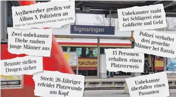  ?? GRAFIK: MARKUS HAILE ?? Schlagzeil­en in der SZ: Immer wieder muss die Polizei an den Sigmaringe­r Bahnhof ausrücken.