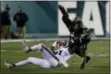  ?? MICHAEL PEREZ — THE ASSOCIATED PRESS ?? Eagles running back Ryan Mathews (24) is sent flying after a hit by the Giants’ Dominique Rodgers-Cromartie (41) during the second half of Thursday night’s game at Lincoln Financial Field.