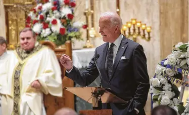  ?? Ryan Garza / Detroit Free Press ?? Former Vice President Joe Biden said that the late former U.S. Rep. John Dingell was one of the few congressio­nal leaders he “looked up to” during funeral services Tuesday in Dearborn, Mich.