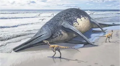  ?? PLOS One ?? Recreación del ‘Ichthyotit­an severnensi­s’, el pez lagarto gigante del río Severn.