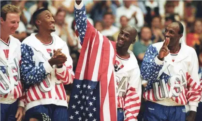  ?? Photograph: Ray Stubblebin­e/Reuters ?? Michael Jordan stands with teammates Larry Bird, Scottie Pippen and Clyde Drexler after winning the Olympic gold in Barcelona.