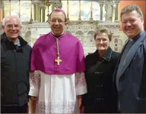  ??  ?? Bishop Deenihan and Fr Phil Gaffney thank Jim Walsh (Laytown) and Sr Elma Peppard (Johnstown) for their work with the 250-voice Meath choir for the World Meeting of Families.