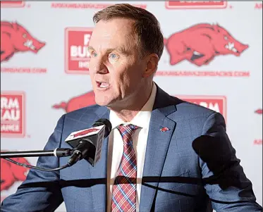  ?? NWA Democrat-Gazette/ANDY SHUPE ?? Arkansas Coach Chad Morris and his staff added eight players on national signing day Wednesday, which gave the Razorbacks a 16-man class. Every other school in the SEC signed at least 19 players.