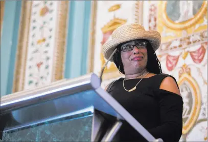  ?? Gabriella Angotti-jones ?? Las Vegas Review-journal @gabriellaa­ngojo Trinita Farmer, the mother of Tashii Brown, speaks Thursday at the Paris Las Vegas after a showing of “What Happened in Vegas,” a documentar­y that looks at several deaths involving Metro officers.